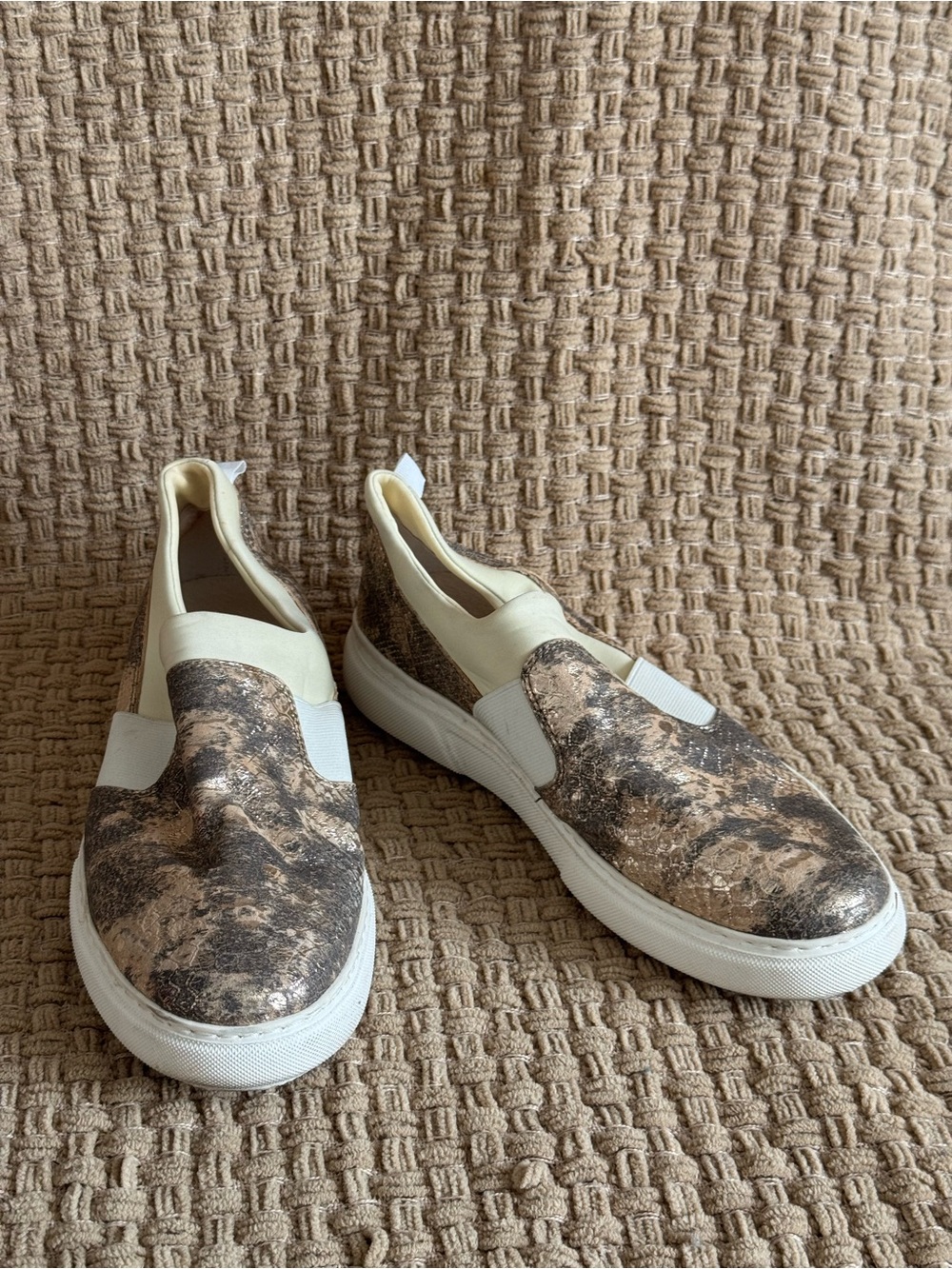 Johnston & Murphy Cream and Brown Marble Slip-Ons
